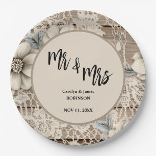 Plato De Papel Sr. y Sra. Vintage Lace Rustic Boda