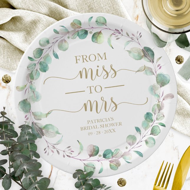 Plato De Papel Srta. Greenery Eucalyptus Bridal Shower (Subido por el creador)