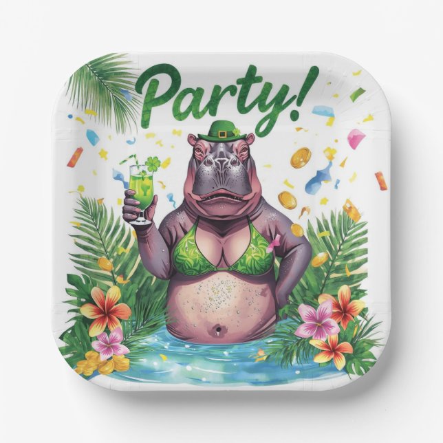 Plato De Papel St. Patrick’s Day Glam Hippo Bikini  (Anverso)