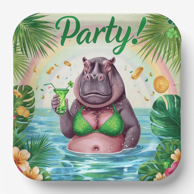 Plato De Papel St. Patrick’s Day Glam Hippo Bikini  (Anverso)