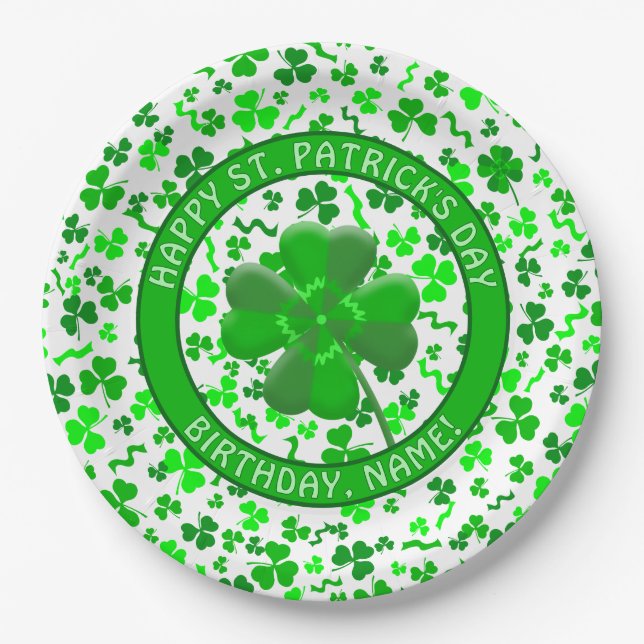 Plato De Papel St Patrick's Day Birthday Shamrocks Personalized (Anverso)