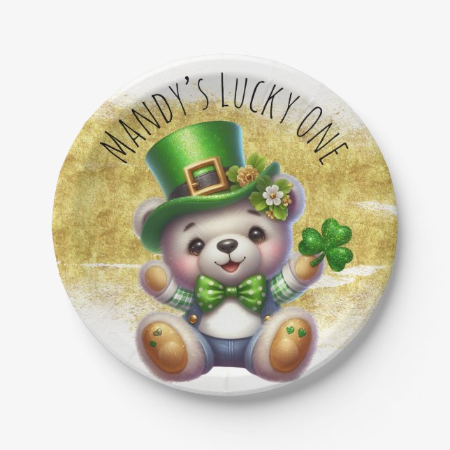 Plato De Papel St. Patrick's Day Cute Bear Green Gold (Anverso)