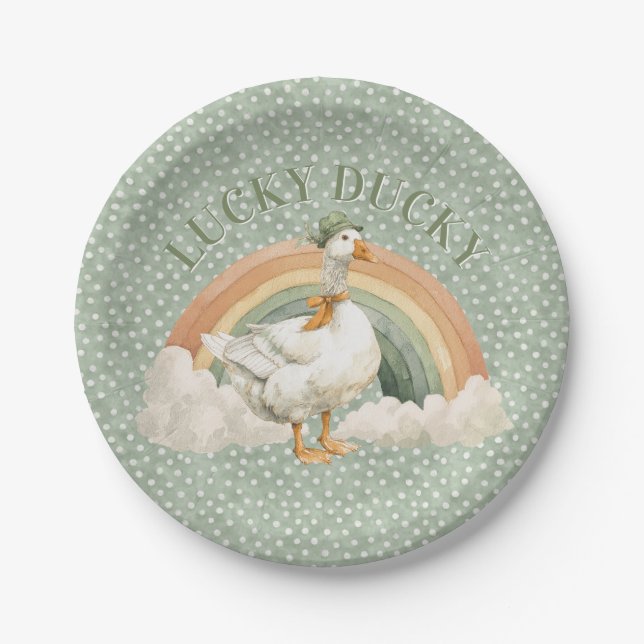 Plato De Papel  St Patrick's Day Lucky Ducky with Rainbow (Anverso)