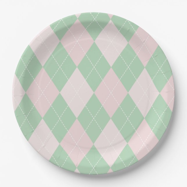 Plato De Papel St Patricks Day Pink and Green Argyle Baby Shower (Anverso)
