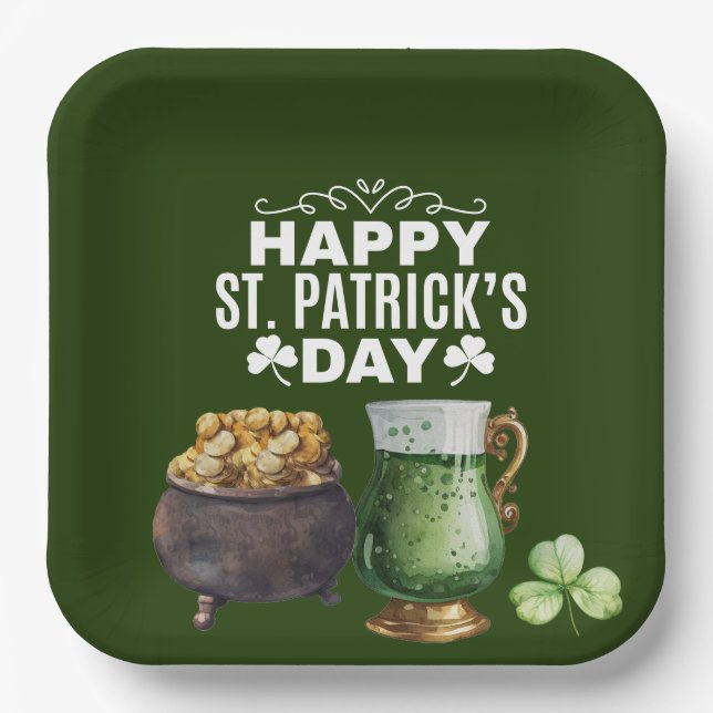 Plato De Papel St. Patrick's Day Shamrock Clover y Pot (Anverso)