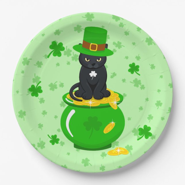 Plato De Papel St. Patrick's Day Shamrock Pot of Gold Black Cat (Anverso)