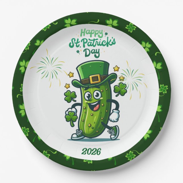 Plato De Papel St Patty's Day Pickle Cartoon Character (Anverso)