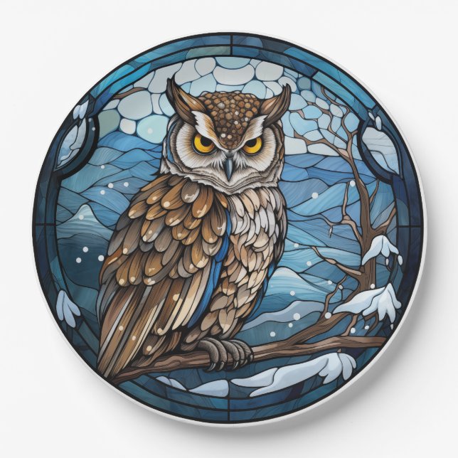 Plato De Papel Stained Glass Owl (Anverso)
