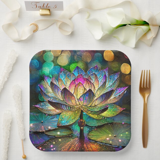 Plato De Papel Stained Glass Vibrant Lotus Flower (Boda)