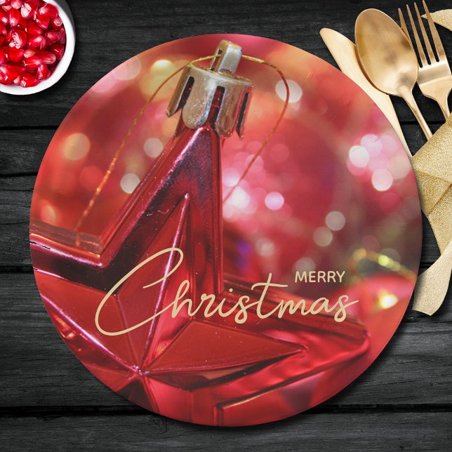 Plato De Papel Star Ornament Merry Christmas (Order in sets of 8 plates - choose small 7" or large 9" (matching napkins in our collection.))