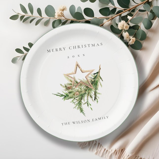 Plato De Papel Star Ornament Pine Branch Fauna Feliz Navidad (Subido por el creador)