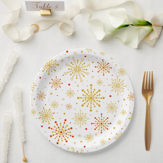 Plato De Papel Starburst Retro Atomic MidCentury Mod Red & Gold (Boda)