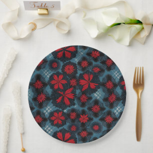 Plato De Papel Starburst Rojo Y Blue Plaid