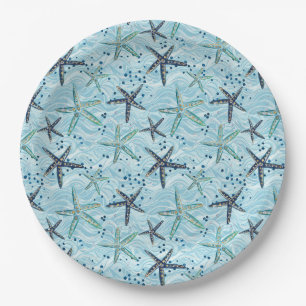 Plato De Papel Starfish azul claro y dorado en el patrón de ola o
