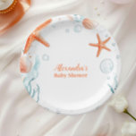 Plato De Papel Starfish de playa y Seashells Elegante Baby Shower<br><div class="desc">Navegar en una aventura caprichosa en el océano con nuestra ballena acuarela bajo las placas de papel marino. Con un ilustracion sereno acuático de una ballena lúdica nadando a través de suaves olas oceánicas, rodeado de criaturas marinas como las estrellas de mar, los caballitos de mar y el coral, estos...</div>