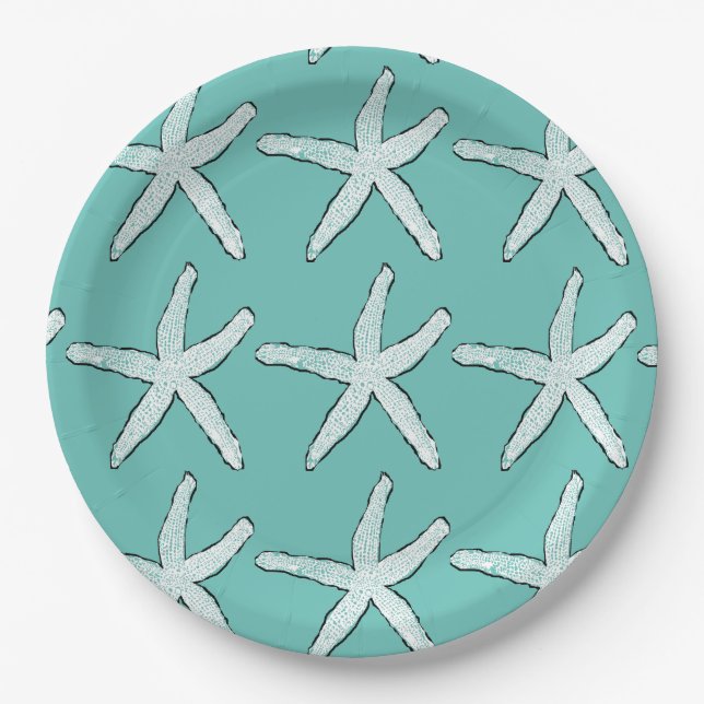 Plato De Papel Starfish Pattern Beach Bebés Verde azulados Shower (Anverso)