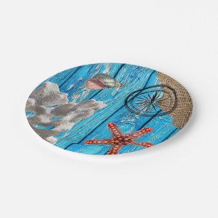 Plato De Papel Starfish Rústico Nautical Blue Wood