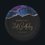 Plato De Papel Starry Agate Geode Blue Purple 21st Birthday Fiest<br><div class="desc">Estas modas, glamorosas placas de papel fiesta de 21 años, presentan una imagen acuarela de una ágata geodésica en tonos azules y violetas salpicadas de estrellas y adornadas con falsos purpurinas dorados. Las palabras "Cumpleaños 21" aparecen en un falso purpurina de oro en un estilo de letra decorativo moderno. Personalizar...</div>