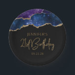 Plato De Papel Starry Agate Geode Blue Purple 21st Birthday Fiest<br><div class="desc">Estas modas, glamorosas placas de papel fiesta de 21 años, presentan una imagen acuarela de una ágata geodésica en tonos azules y violetas salpicadas de estrellas y adornadas con falsos purpurinas dorados. Las palabras "Cumpleaños 21" aparecen en un falso purpurina de oro en un estilo de letra decorativo moderno. Personalizar...</div>