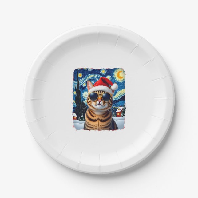Plato De Papel Starry Night Orange Tabby Cat Christmas (Anverso)