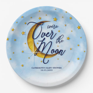 Plato De Papel Starry Over The Moon Blue Gold Baby Shower