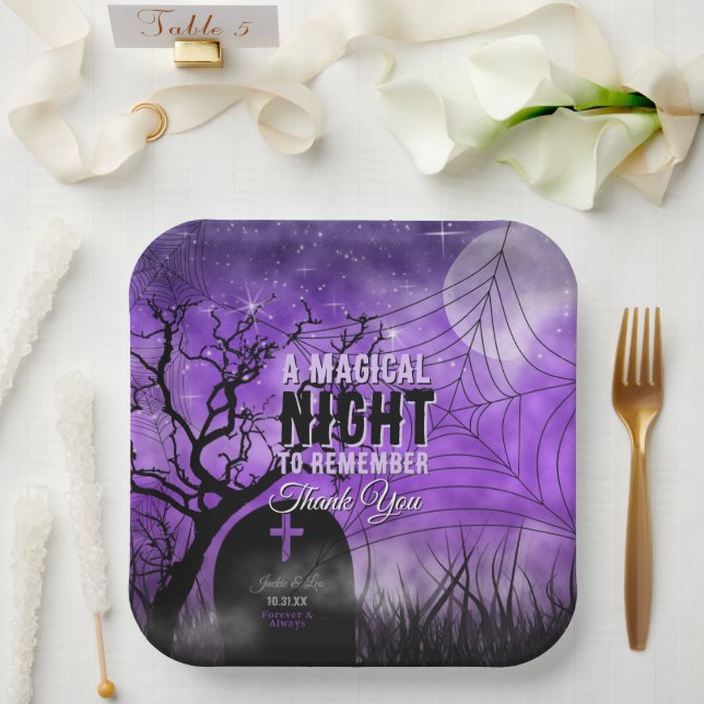 Plato De Papel Starry Purple Gótico Graveyard Full Moon (Boda)