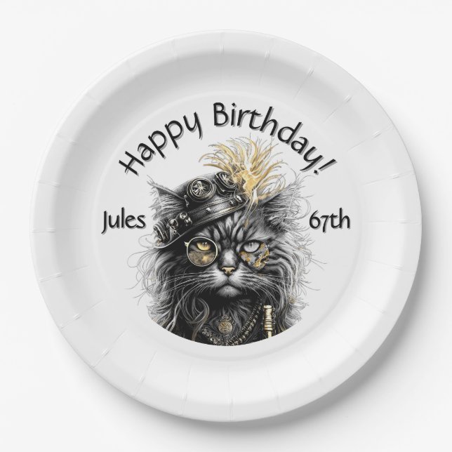 Plato De Papel Steampunk Cat Birthday with Name n Age (Anverso)