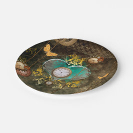 Plato De Papel Steampunk, corazón maravilloso con los relojes