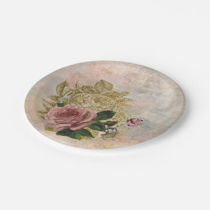 Plato De Papel Steampunk Glam   Floral Rústica Rosa y Oro Rosa