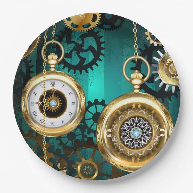 Plato De Papel Steampunk Jewelry Watch sobre un fondo verde (Anverso)