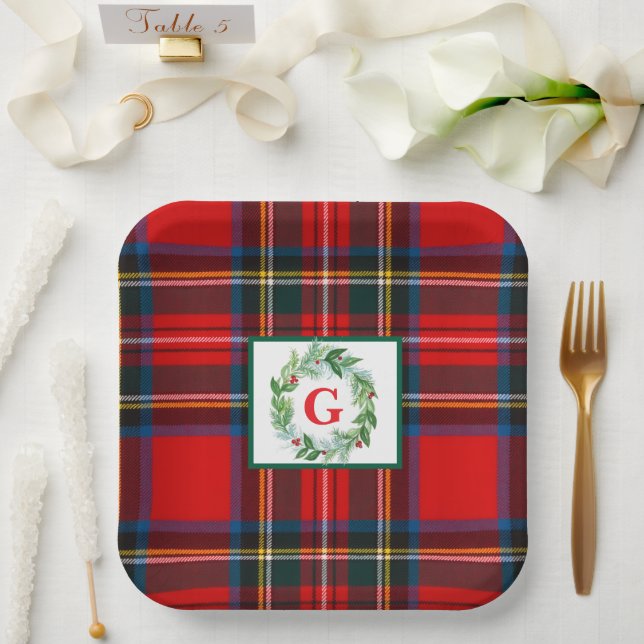 Plato De Papel Stewart Xmas Plaid MONOGRAM Wreath SQ (Boda)
