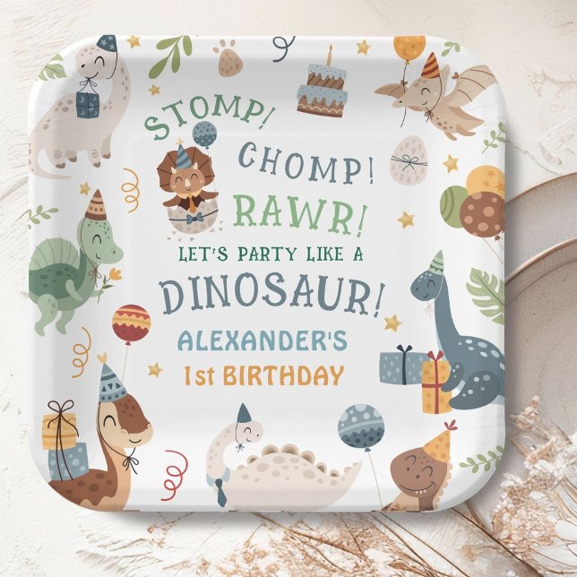 Plato De Papel Stomp Chomp Rawr Dinosaur Boy 1st Birthday (Subido por el creador)