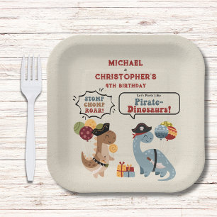 Plato De Papel Stomp Chomp Roar Pirate Dinosaur Twin Boy Cumpleañ