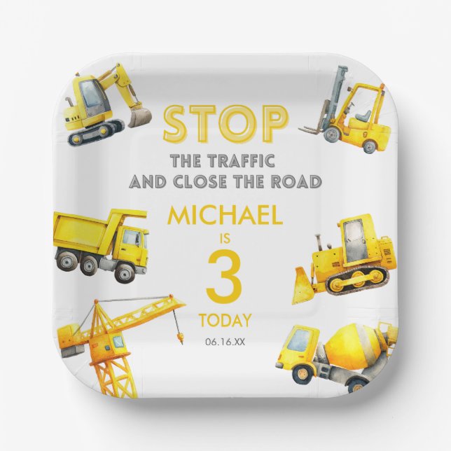 Plato De Papel Stop The Traffic Construction Trucks Birthday (Anverso)