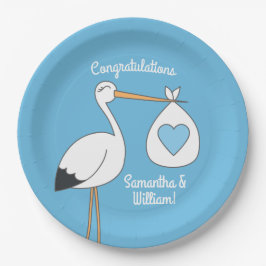 Plato De Papel Stork Baby Shower Blue Boy