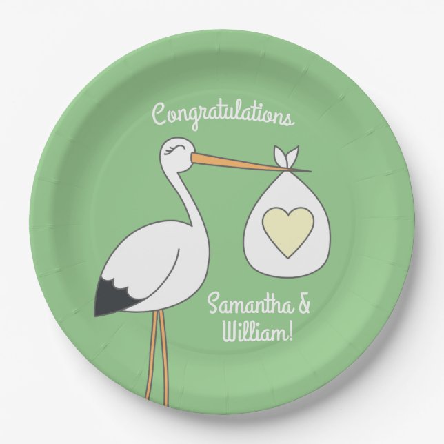 Plato De Papel Stork Baby Shower Green (Anverso)