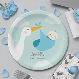 Plato De Papel Stork Bundle Boy Baby Shower