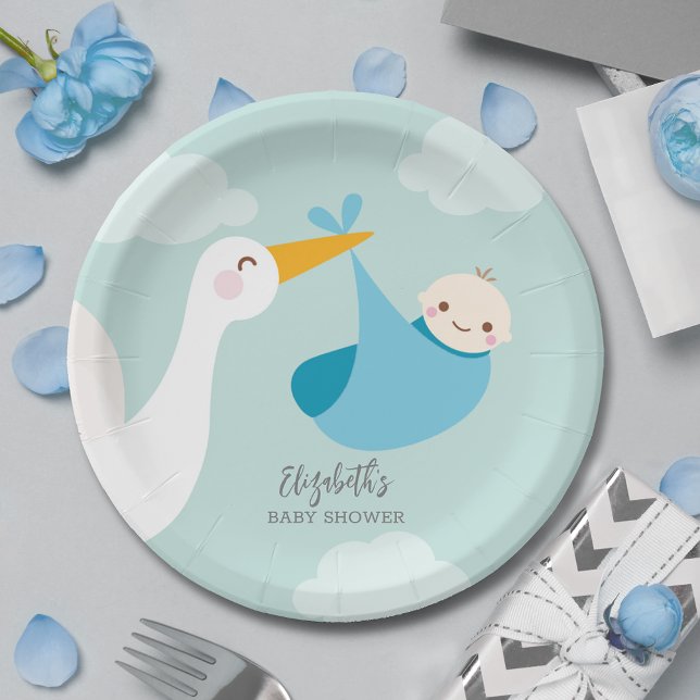 Plato De Papel Stork Bundle Boy Baby Shower (Stork Blue Bundle Boy Baby Shower Paper Plates)