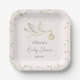 Plato De Papel Stork Greenery Baby Shower