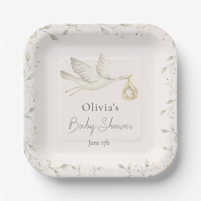 Plato De Papel Stork Greenery Baby Shower (Anverso)