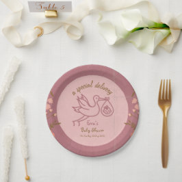 Plato De Papel Stork llevando Baby-Baby Shower