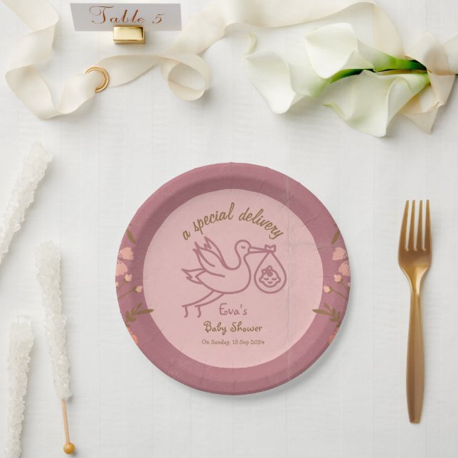 Plato De Papel Stork llevando Baby-Baby Shower (Boda)