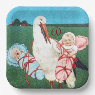 PLATO DE PAPEL STORK TWIN BABY SHOWER MONOGRAM