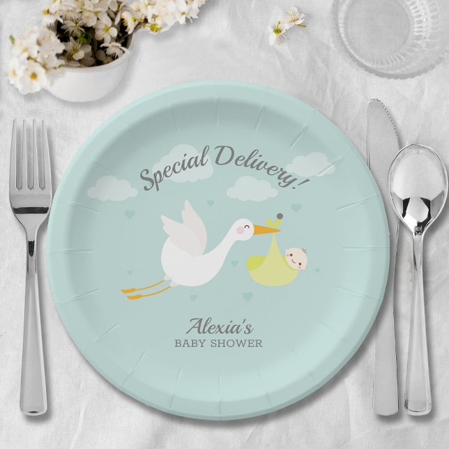 Plato De Papel Stork Yellow Baby Bundle Baby Shower (Cute stork yellow baby bundle unisex baby shower paper plates)