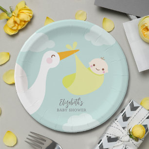 Plato De Papel Stork Yellow Bundle Baby Shower
