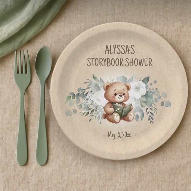 Plato De Papel Storybook Teddy Bear Greenery Baby Shower (Storybook teddy bear baby shower paper plates)
