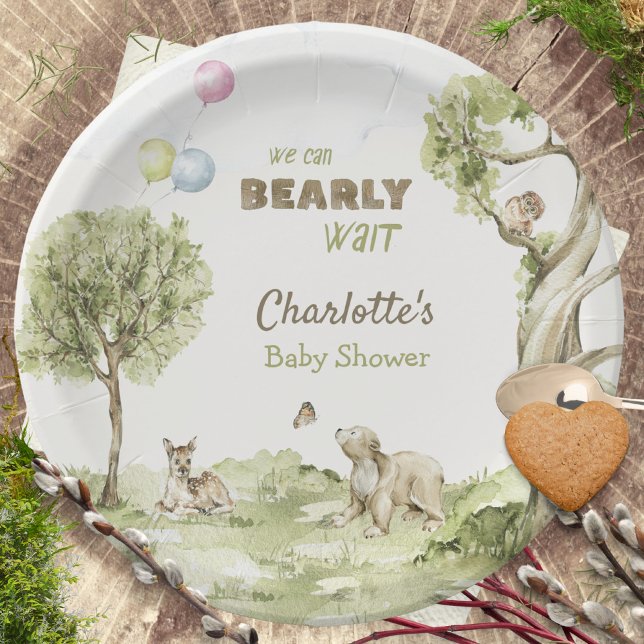 Plato De Papel Storybook Woodland Bearly Wait Baby Shower (Watercolor Woodland Bearly Wait Baby Shower Napkins ©Susanne Sachers - Sunny Mind 🌞)