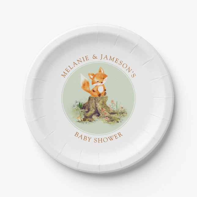 Plato De Papel Storybook Woodland Fox Baby Shower (Anverso)