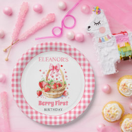 Plato De Papel Strawberries and pink bow Berry First Birthday