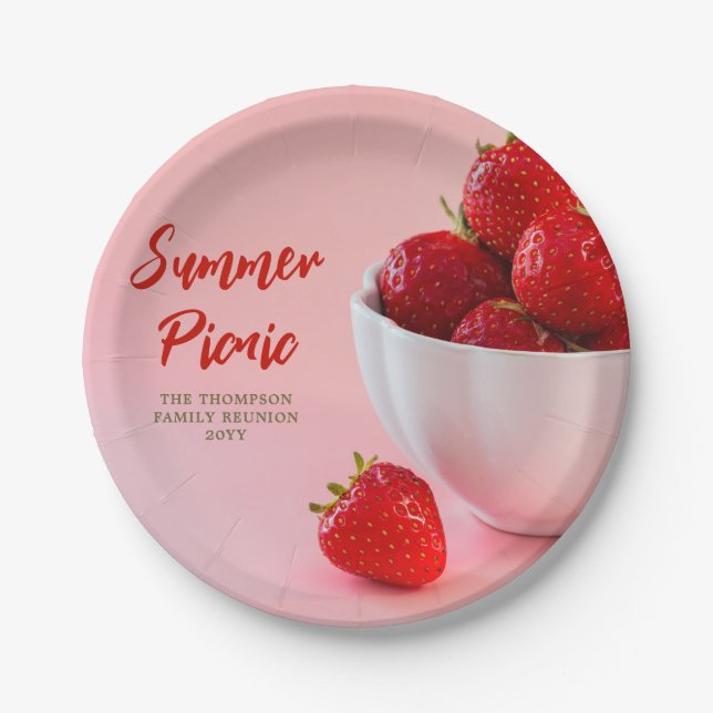 Plato De Papel Strawberries Photo Summer Picnic Family Reunion (Anverso)